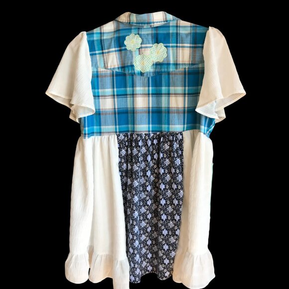 Upcycled Flowy Boho Patchwork Tunic, Size M: Ruffled Hippie Blouse, Bell Sleeves - Picture 8 of 15